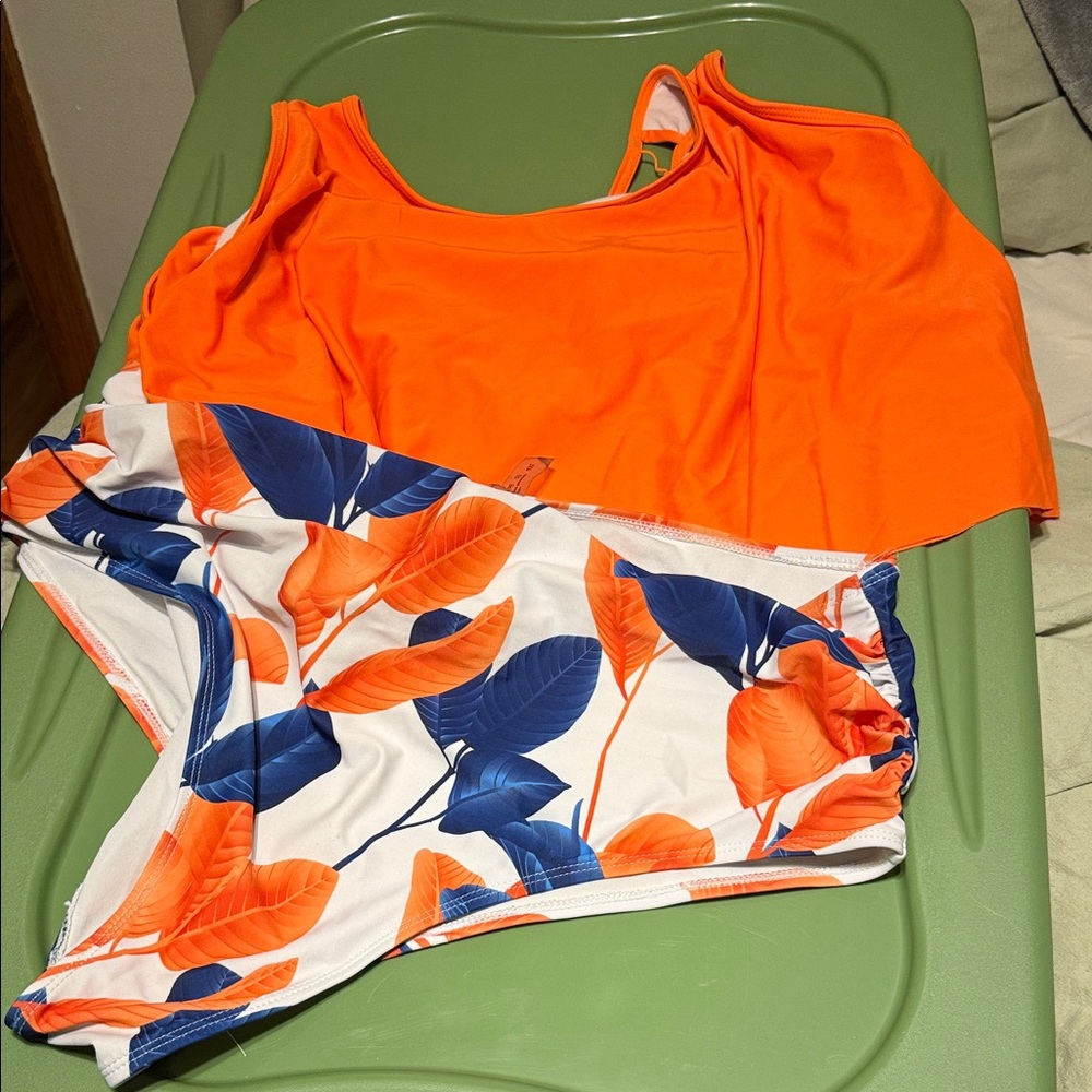 Orange and Blue Leaf Print Women's Top